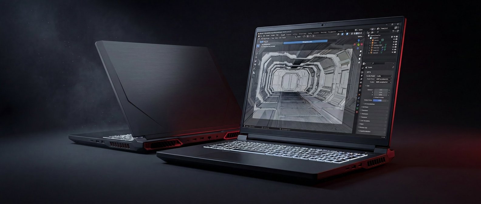 Eurocom Raptor X18 mobile workstation running Blender with a 3D sci-fi corridor scene rendering on the 18-inch 240Hz QHD panel