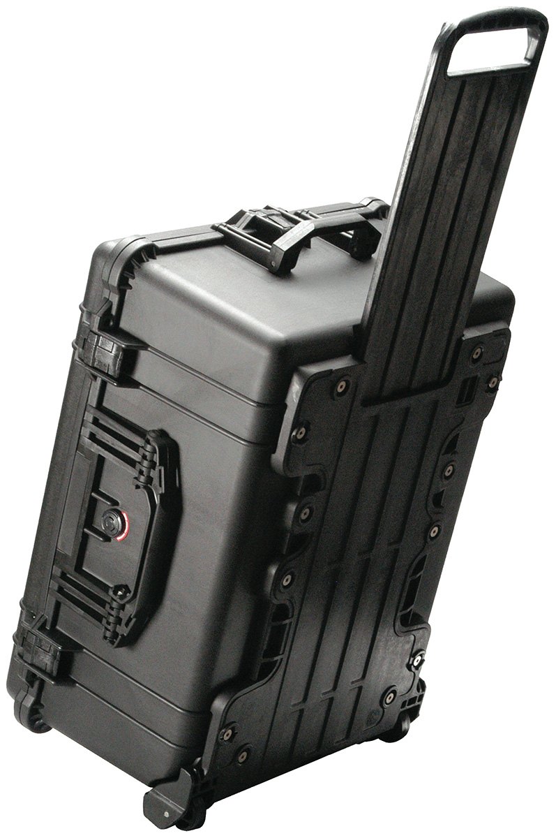 The case closed, handle extended, on its transit wheels